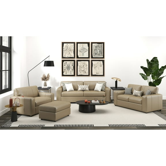 Roundhill Furniture Sakan Leather Upholstered 4-Piece Living Room Set, Sofa Loveseat Cutler Chair and Ottoman, Beige