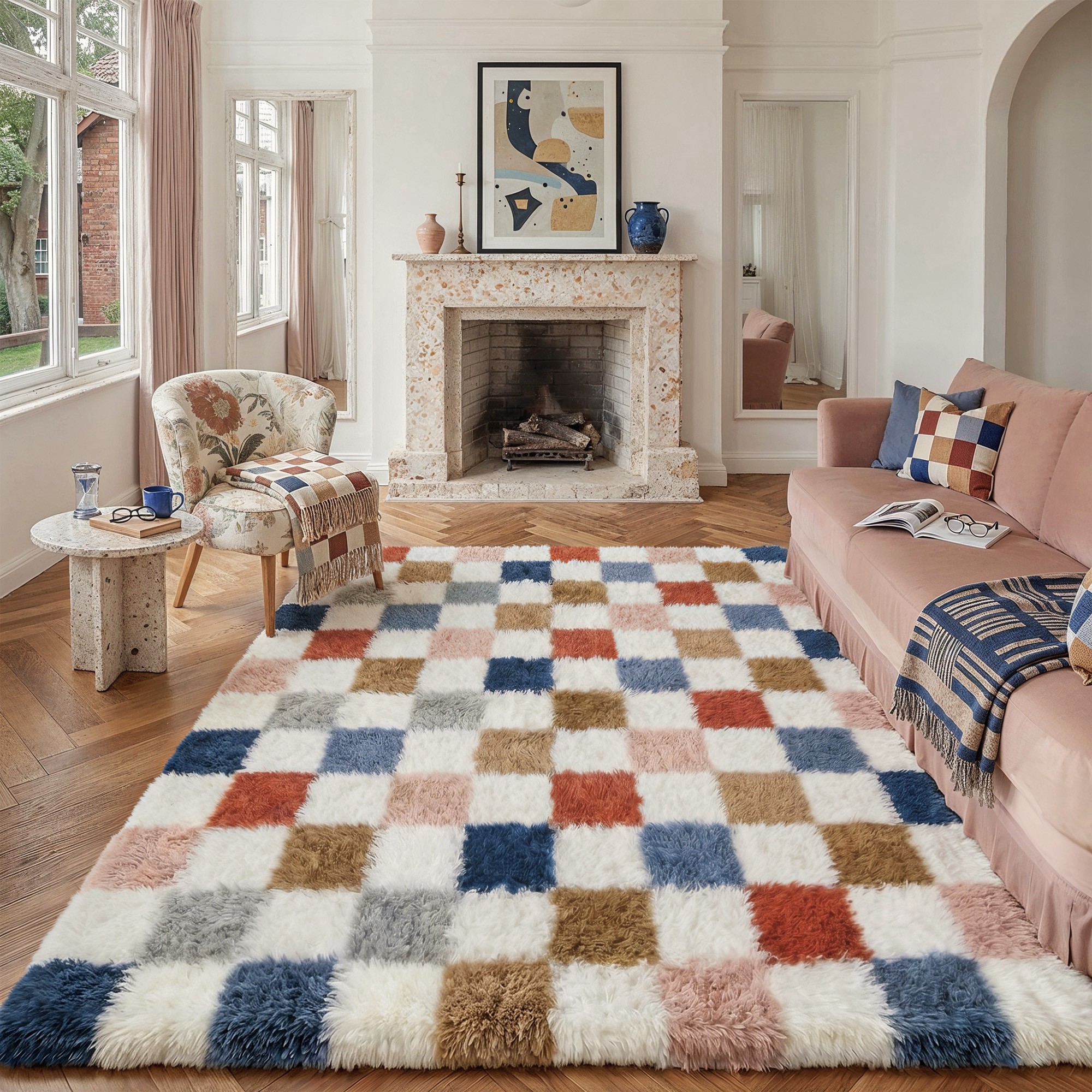 BERTHMEER 8'x10' Large Shag Area Rugs for Living Room Bedroom Dining Room Plush Pile Soft Checkered Fluffy Geometric Modern Indoor Carpets Rugs,Multicolor