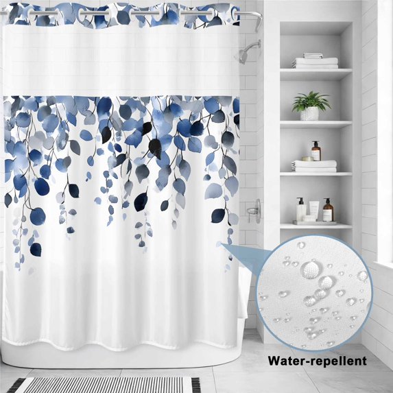 No Hook Shower Curtain, Blue Eucalyptus Leaves Shower Curtains for Bathroom with See Through Top Window, Summer Botanical Watercolor Waterproof & Washable Bath Curtain Extra Long 72"x96"
