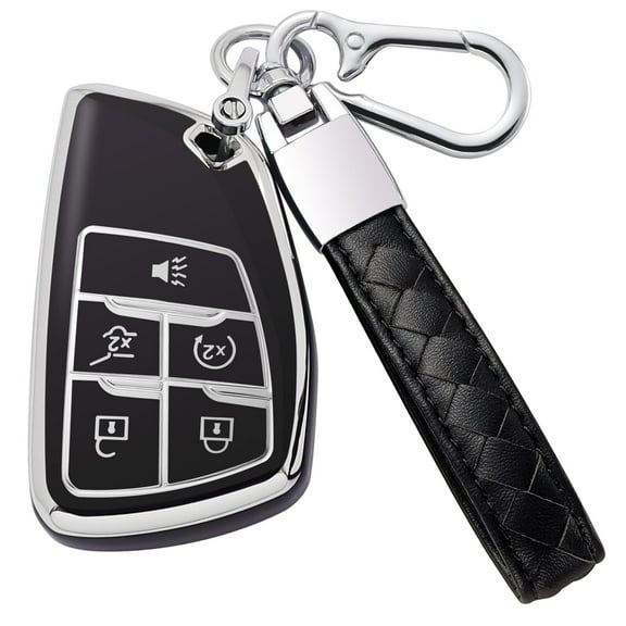 for Chevy Key Fob Cover with Leather Keychain Soft TPU Key Case Shell Holder Fits for Chevrolet 2021 2022 2023 2024 Suburban Tahoe Silverado 1500, for GMC Yukon Sierra 5 Button