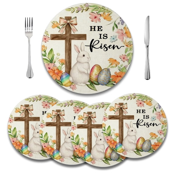 MIZHONA Happy Easter Round Placemats Set of 4,Spring Easter Rabbits Eggs Floral Table Decor 14 inch