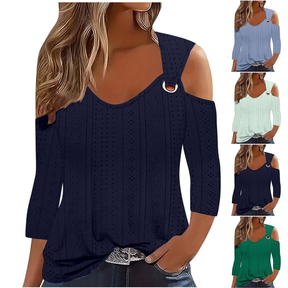 Jsaierl 3/4 Length Sleeve Cold Shoulder Tops for Women Summer V Neck Shirts Dressy Solid Petite Hollow Out Blouses Work Cotton Tunic Top S-5XL