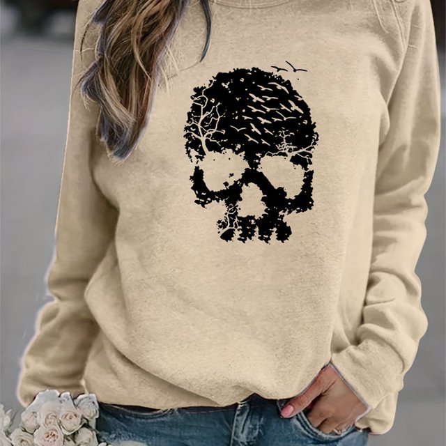 Sudadera Con Estampado De Calavera De Halloween, Sudadera Informal De Manga Larga Con Cuello Redondo, Ropa De Mujer