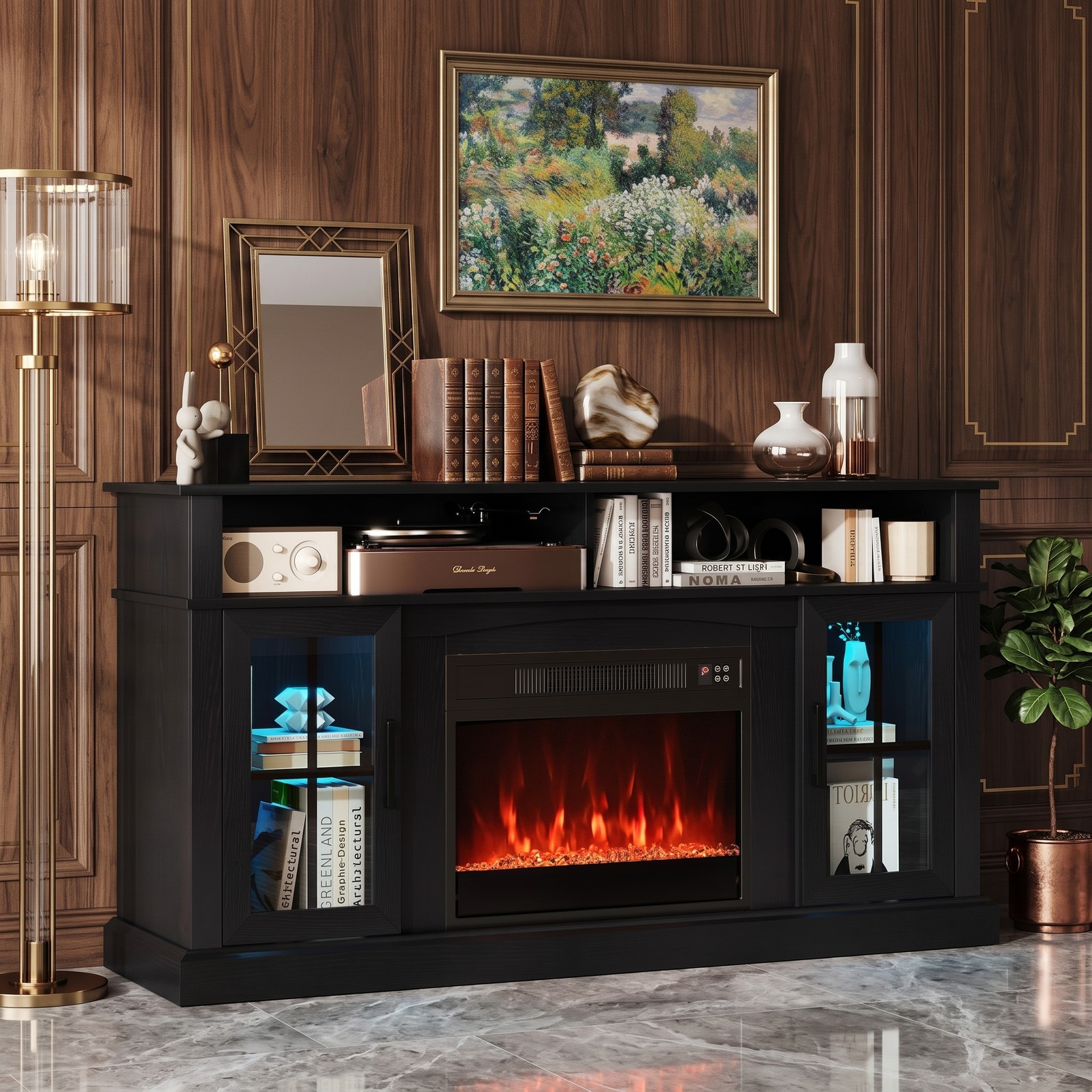 Furnibear 58 Inch Fireplace TV Stand with 4777 BTU Electric Fireplace, RGB LED Lights, Storage Cabinets and Tempered Glass Doors for TVs up to 65 Inch, Living, Black