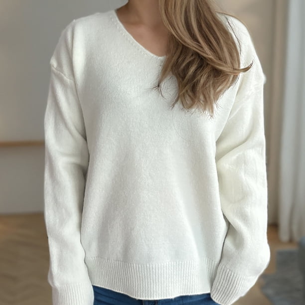 Suéter de cuello en V para mujer, moda Otoño Invierno, tejido, suelto, manga larga, blusa, cuello en V, suéter para mujer