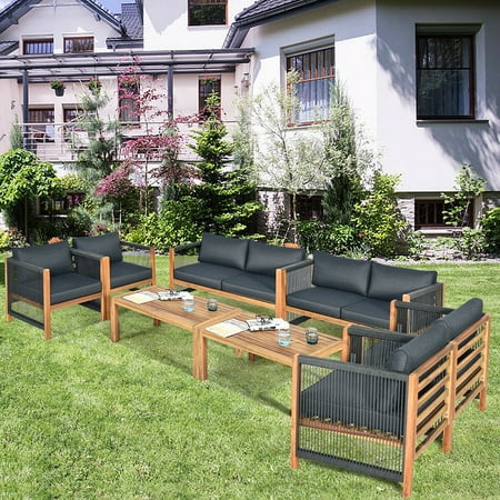 sofa outdoor rattan seating furniture gymax menges piece patio armrest acacia wood cushions 8pcs cushioned rope nylon highland dunes