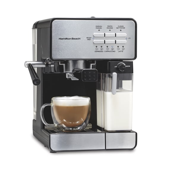 Hamilton Beach 15-Bar Espresso Machine, Slide & Lock Espresso Maker with Automatic Milk Reservoir, Black & Chrome
