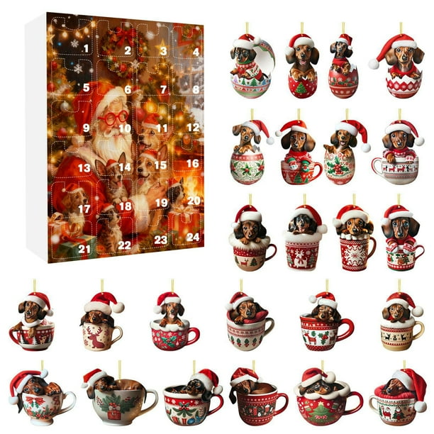 Herunwer Christmas Dachshund Advent Calendar 2025, 24 Days Holiday Countdown Calendar Box Tree Ornaments Charm, 2D Acrylic Dachshund Pendant