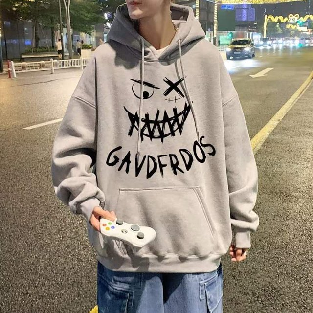 M-3XL Estilo Coreano Unisex Sudadera Con Capucha Oversize Devil Smiley Print Hombres Moda Manga Larga Talla Grande Invierno Suéter Negro Gris