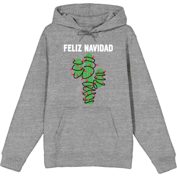 Feliz Navidad Christmas Cactus Adult Heather Gray Long Sleeve Hoodie-Large