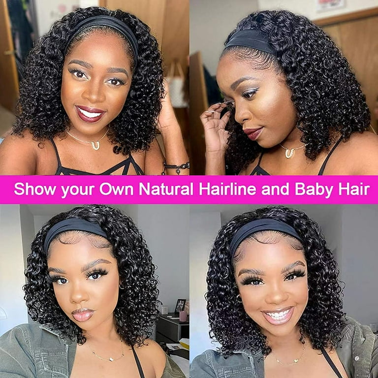 Water Wave Headband Wig Human Hair Half Wigs for Black Women 100 Real Brazilian Virgin Human Hair Wig None Lace Wigs Glueless Wear And Go 150 Density Natural Black Color 14 Inch