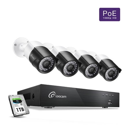 Loocam 1080p PoE Video Surveillance Camera System, 4 x Wired 2MP Security Bullet IP Cameras, 150ft Night Vision, 8 Channel NVR Security System w/ 2TB HDD, Motion Alert, Android and iOS (Best Flash Alert App For Android)