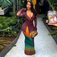 thumbnail image 5 of Women's Floral Color Spliced Ruffled Deep V-Neck Long Flare Sleeve Hips Wrapped Long Dress, 5 of 18