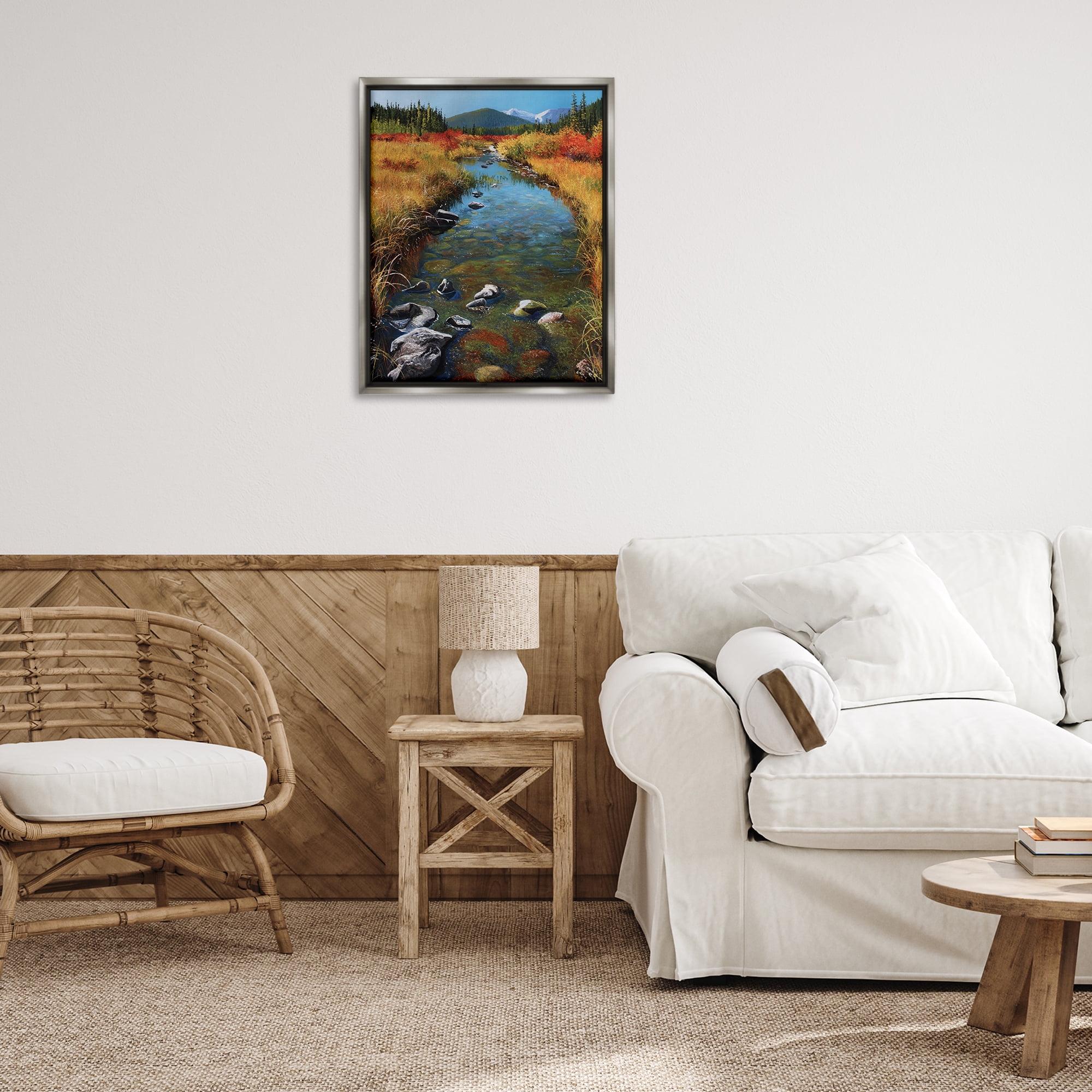 Stupell Industries Outflow From Lake Landscape & Nature Painting Gray Floater Framed Canvas Art Print Wall Art, 25 x 31