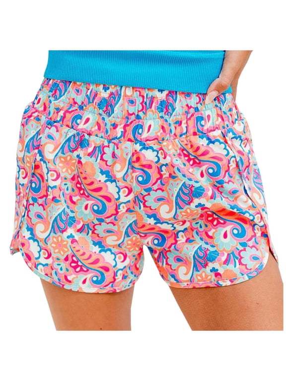 Zhuashum Athletic Shorts For Womens Straight Leg Solid Color High Waist Trousers Relax Fit Elastic Waist Pants Sweet Lightweight Shorts Blue L
