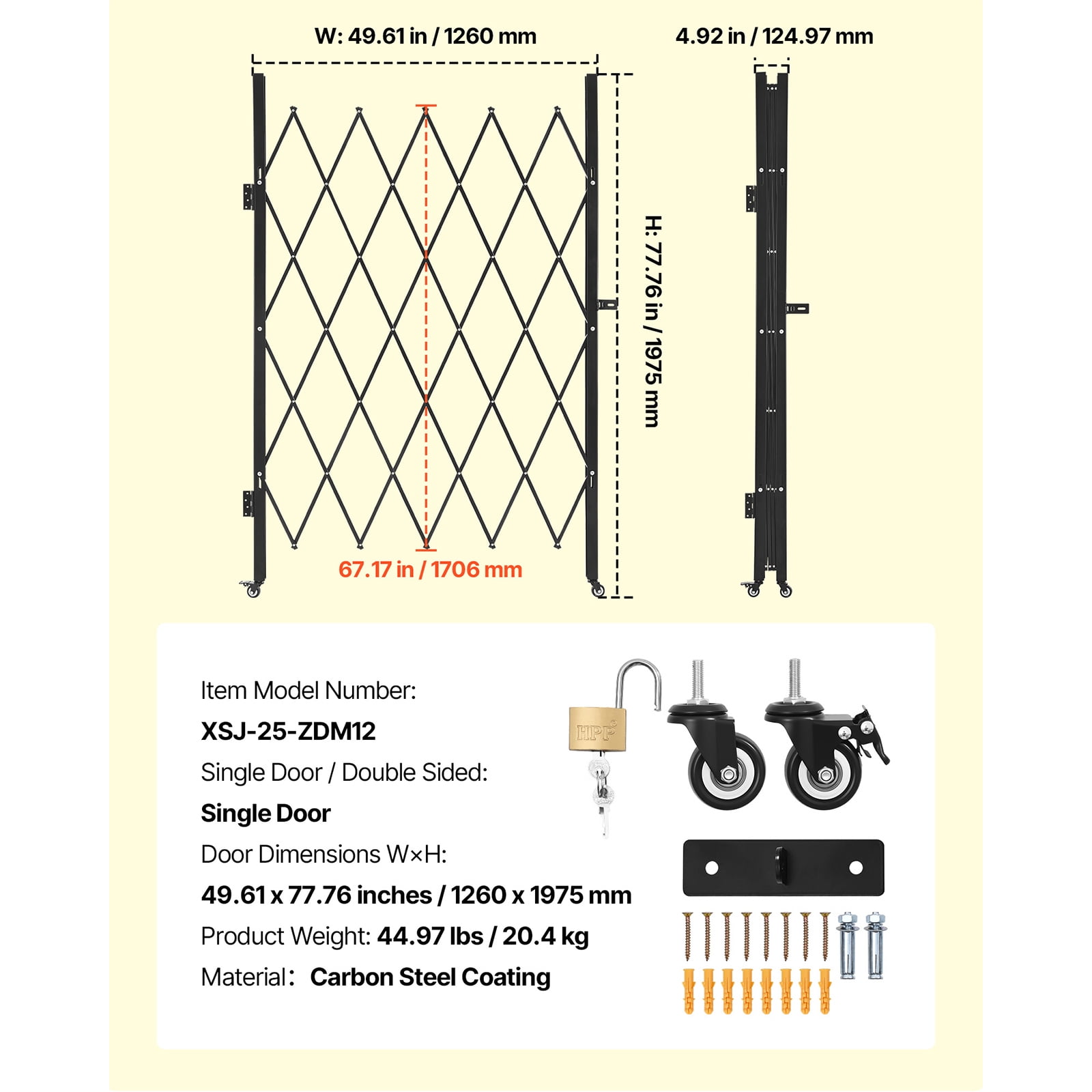 KFFKFF Single Folding Security Gate, Lockable Scissor Gate with Swivel Casters, Steel Retractable Gate for Entry, Garage, Warehouse, and Pool, 49.61 x 77.76 in (W x H)