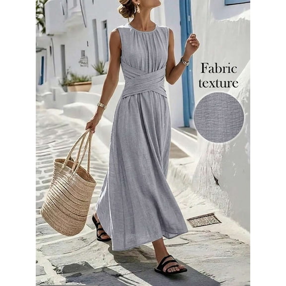 Womens Light Grey Sleeveless Criss-Cross Waist Summer Maxi Dress, Casual