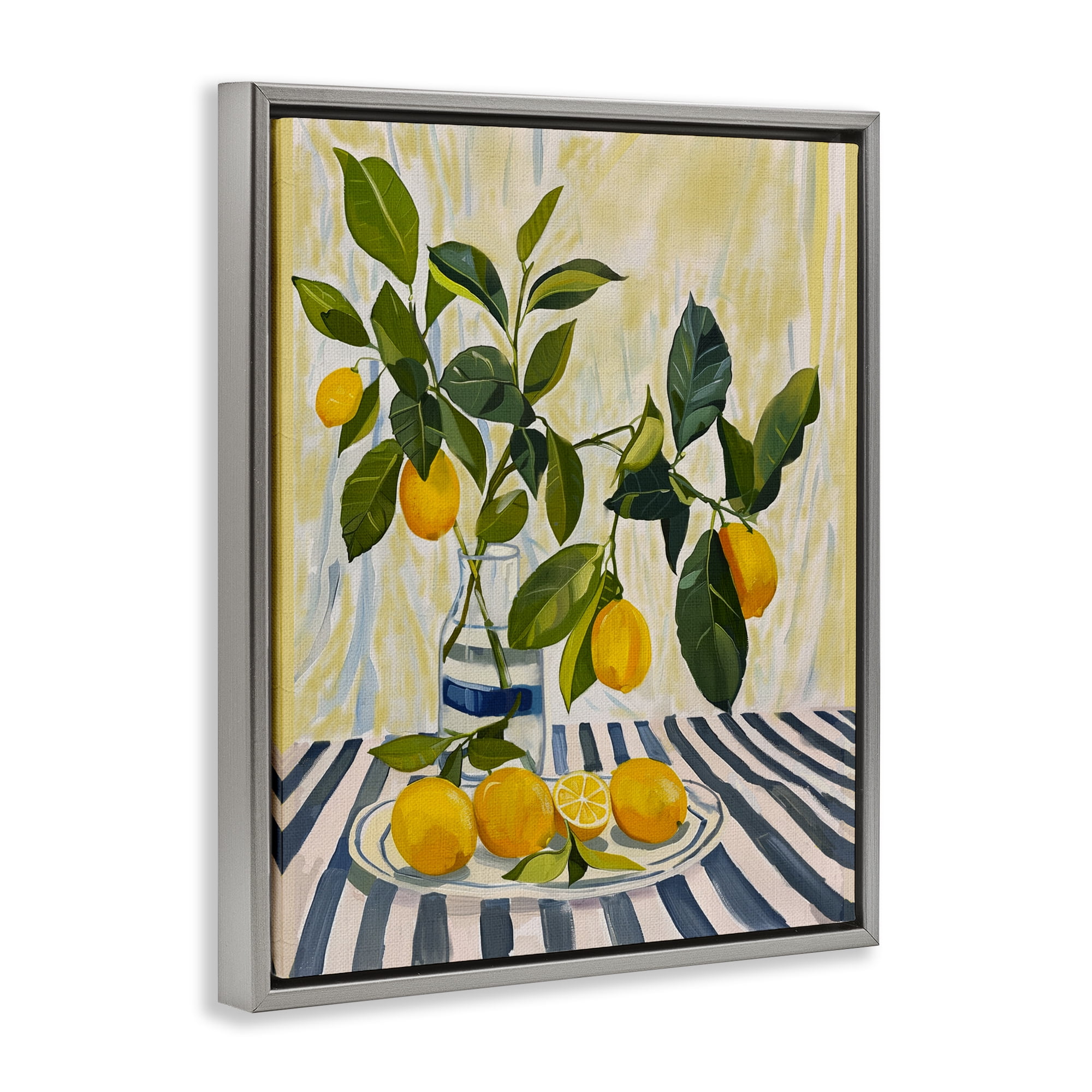 Stupell Industries Lemons on Striped Tablecloth Gray Framed Floater Canvas Wall Art, design by Yen