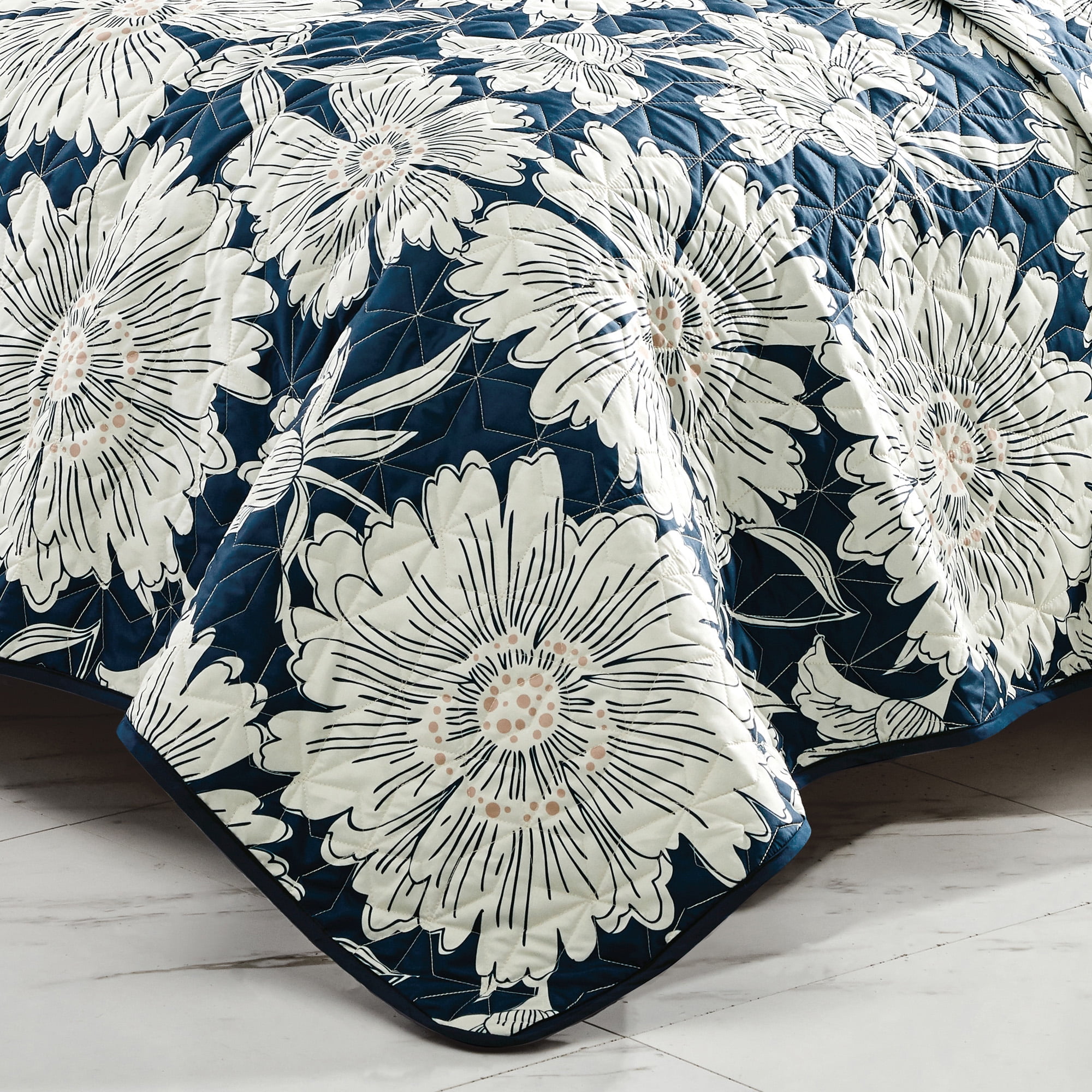 ESCA Modern 3-Piece White Teal Floral Quilt Bedding Sets, King