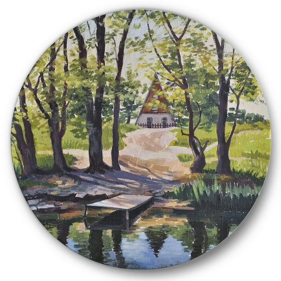 Designart 'Mysterious Countryside House By The River In The Woods' Lake House Circle Metal Wall Art 36x36 - Disc of 36