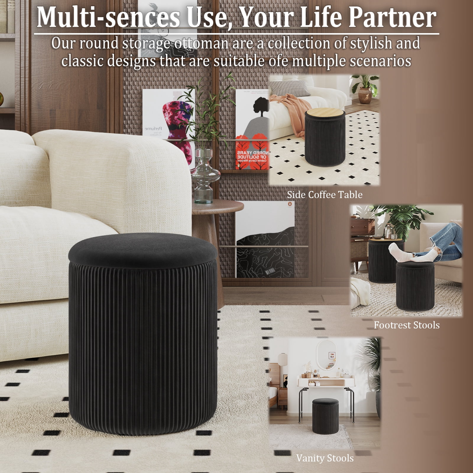 Waleaf Round Ottoman Foot Stool with Storage Set of 2, Upholstered Velvet Vanity Stool for Living Room & Bedroom, Black