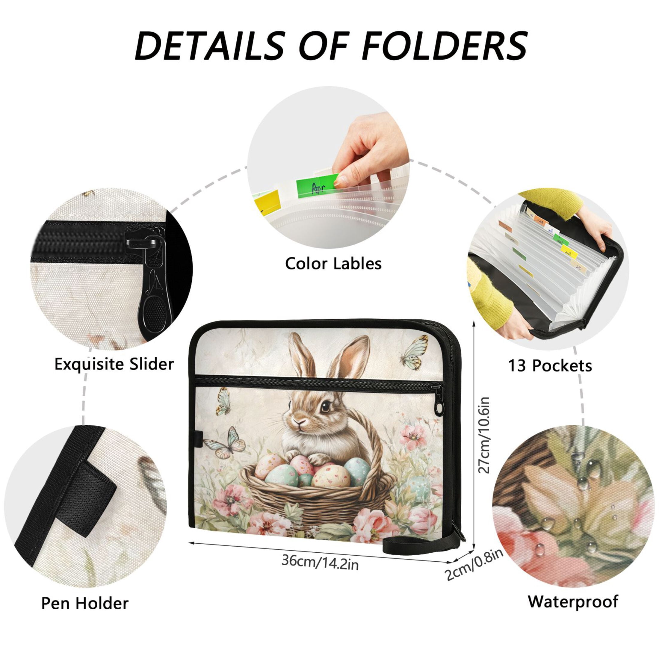 WOBOGO Brown Easter Bunny Expanding File Folder Letter Size Accordion Filing Organizer 13 Pocket Separate Organ Pocket