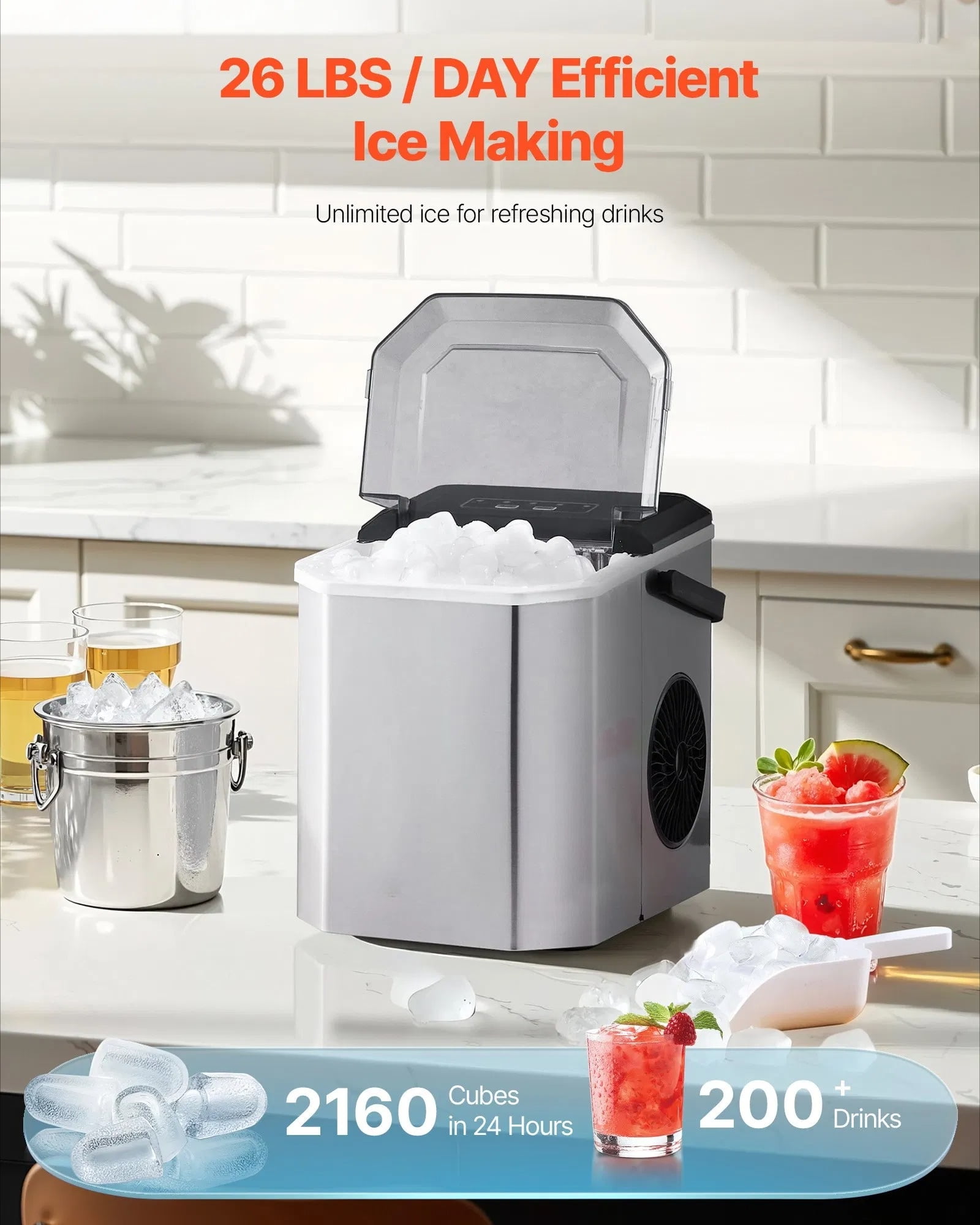 Quick ice maker, portable countertop ice maker, capable of producing ice blocks of two different sizes, easy to control, self-cleaning, with scoop basket, suitable for home use, bars, coffee shops