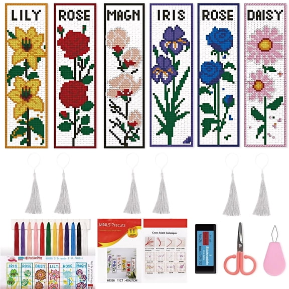 6 Pcs Cross Stitch Bookmark Kit for Beginners, Flower DIY Embroidery Set for Page Marking Handmade Gifts Decorative use Handcraft Experience & Group Activities