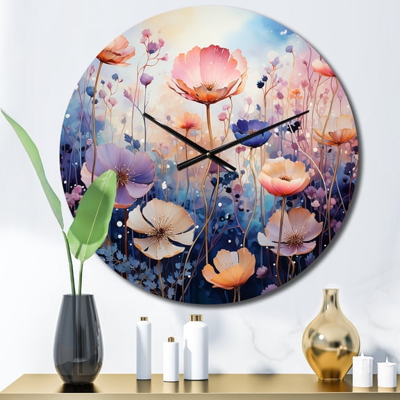 Designart "Purple Dreamy Flowers VI" Abstract Botanicals Oversized Wall Clock