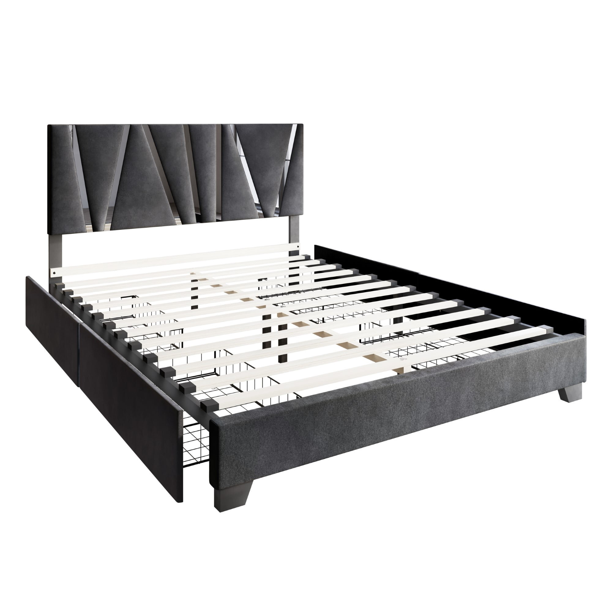 Home Design Hanover Queen Upholstered Storage Platform Bed Frame with Silver Acrylic Strip Headboard and Four Under-Drawers, Dark Gray, Easy Assembly