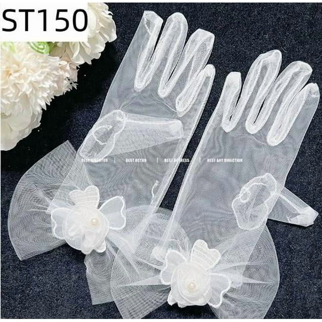CIMAXIC Mariage 1 Paire de Gants Courts en Maille : Gants de Mariage en Tulle avec Fleurs et Perles Doigts Complets - pour Femmes Costume Formel d'Opéra pour Fête de Thé Danse Photographie Halloween, 8.46"X5.51"X0.67 Pouces