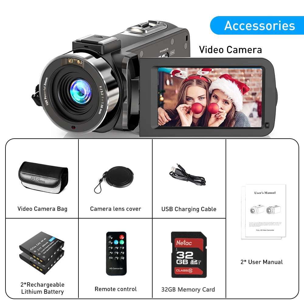 Video Camera Camcorder for Filming with 32G SD Card FHD 1080P 36MP 30FPS 3” 270° Rotating IPS Screen IR Night Vision Vlogging Camera for YouTube