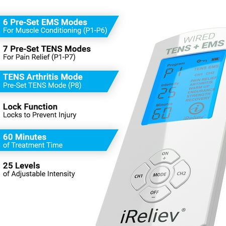 fda cleared ireliev tens unit + ems 14 therapy modes, premium pain relief and recovery system, rechargeable, large back lit display, large and small electrode pads