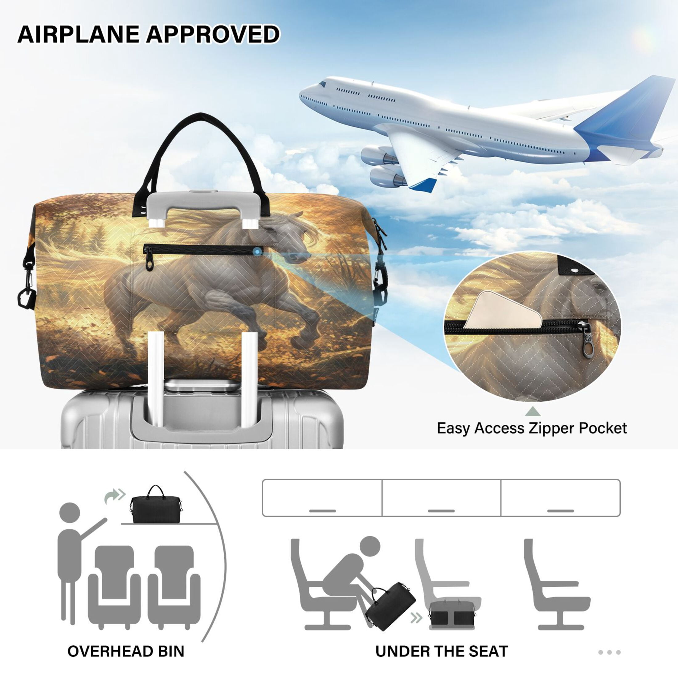Travel Duffel Luggage Bag Sports Duffle Bag Gym Bag with Zipper A White Horse