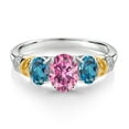 thumbnail image 2 of 925 Sterling Silver and 10K Yellow Gold Oval Pink Moissanite London Blue Topaz and White Diamond 3 Stone Ring for Women (2.61 Cttw, Gemstone Birthstone, Available in Size 5, 6, 7, 8, 9), 2 of 3