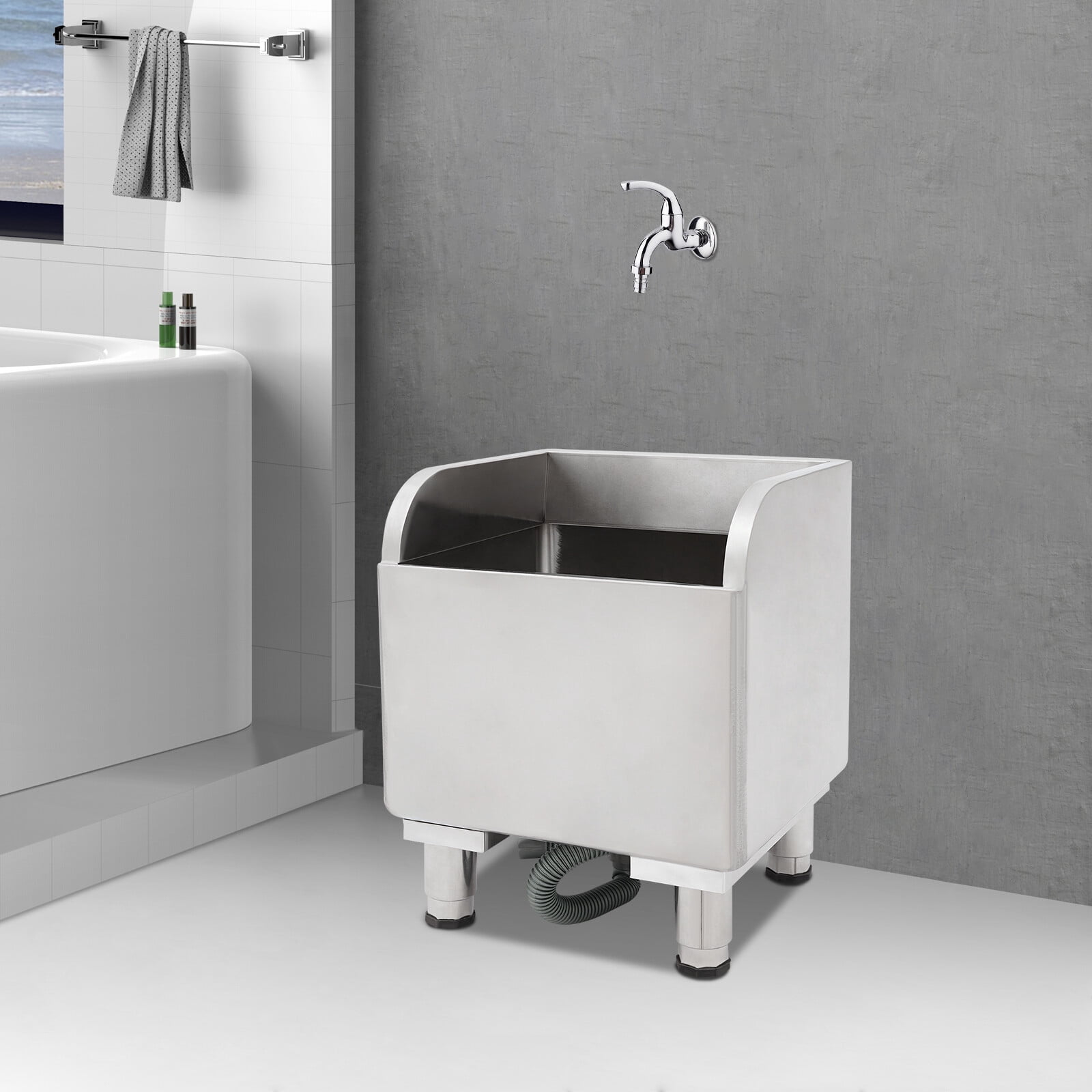 Stainless Steel Mop Sink, 45x41x50cm Utility Sink Laundry Tub with 10cm Legs, Freestanding Large Drain Basin for Cleaning