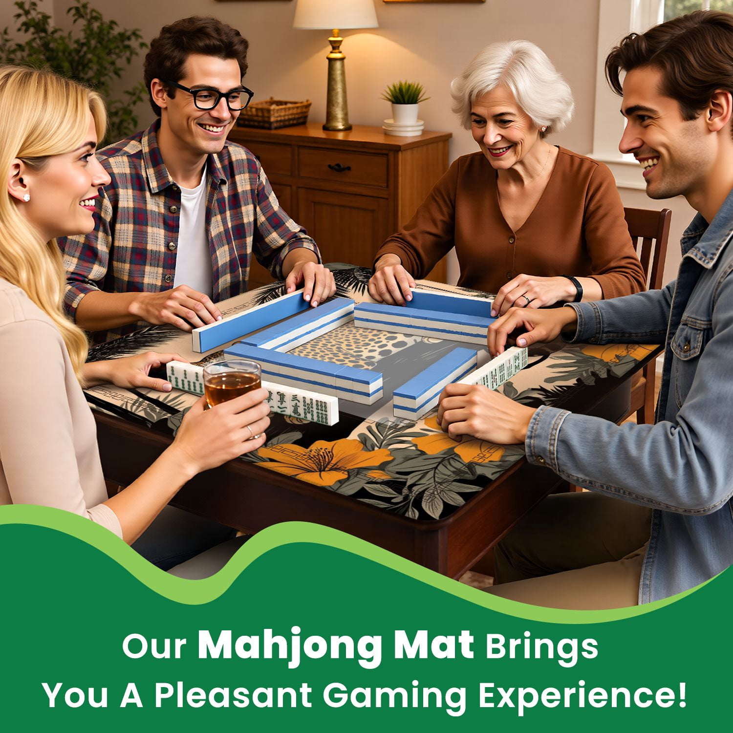 Mahjong Mat 31.5" x 31.5" Leopard Resting Tree Branch Tropical Jungle Orange Flowers Non-Slip Noise Reduction American Mahjong Tiles Table Cover for Dominoes Poker Card Board Games Gift