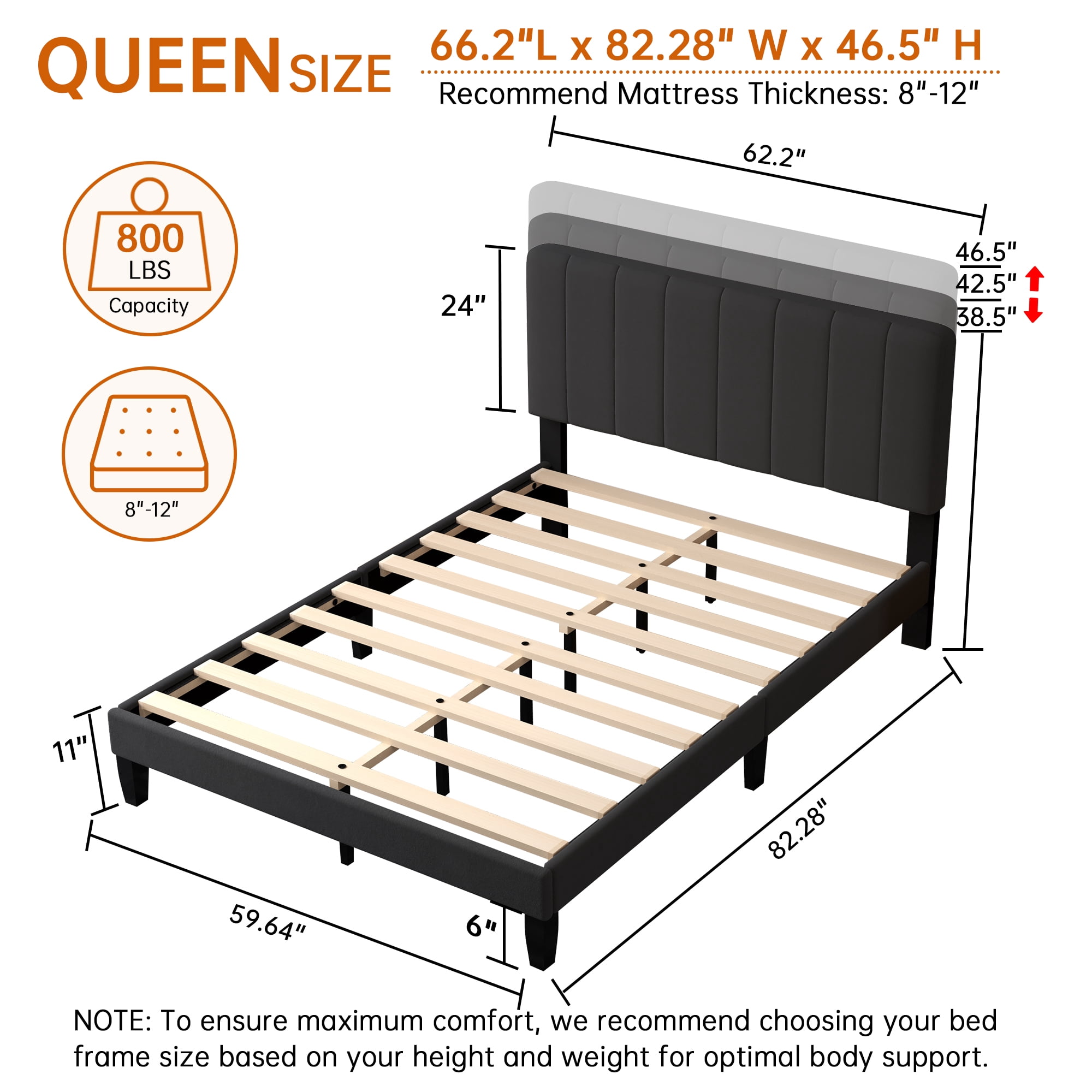 Pingliang Home Queen Size Bed Frame with Adjustable Upholstered Headboard&Wood Slats Support,Black
