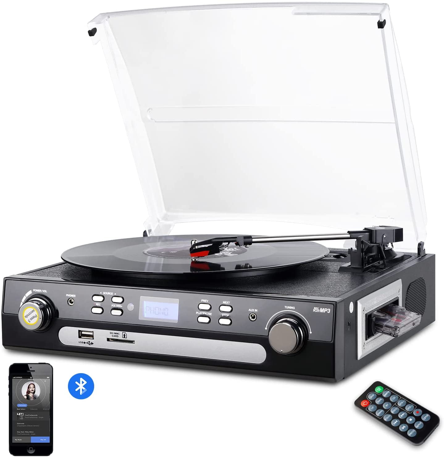All in One Bluetooth Record Player for Vinyl with Speakers,Cassette,CD,AM/FM Radio,USB/SD Playing and Encoding,Vintage Turntable with 3-Speed AUX in,LINE Out,Earphone Jack,LED Display,Wood 