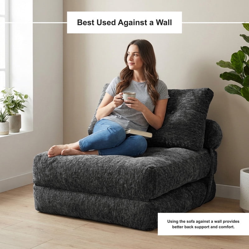 Oak and Birch Boneless Folding Sofa Bed, Convertible Floor Futon Chaise Lounge & Sleeper Bed, Shredded Foam Floor Couch for Living Room, Bedroom, Kids Room, Apartment, Chenille, Charcoal