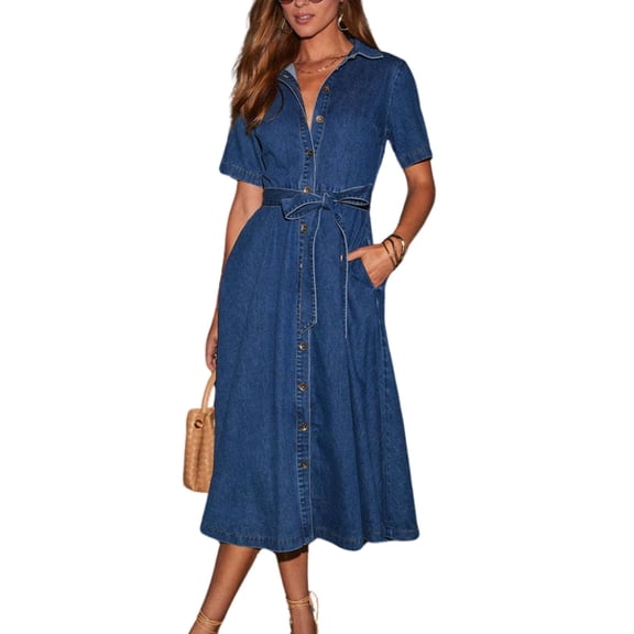 Women's Denim Shirt Dress with Belt Elegant Short Sleeve Button Down Midi Dress with Pockets