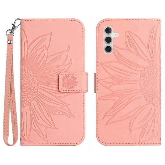 Case for Samsung Galaxy A17 Flip Wallet Phone Case Short Strap Embossed Sunflower Luxury Pu Leather with Card Slots Holder