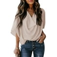 thumbnail image 1 of Mode Femme Couleur Unie Manches Mi-Longues Col en V Chemise Drapée devant Blouse Chemise, 1 of 7