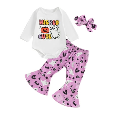 

Sedceaty 3Pcs Baby Toddler Girl Halloween Outfits 0 3 6 12 18 Months Long Sleeve Romper + Ghost Print Bell Bottoms + Headband Set Holiday Clothes