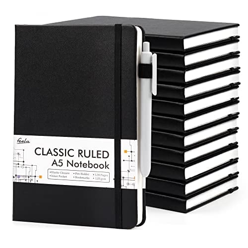 Paq. 12 Cuadernos Journals a Granel con Bolis Negros, Set Cuaderno Feela A5 Clásico, Escuela, Trabajo, Viajes, 120 GSM, 5.1"x8.3", Negro