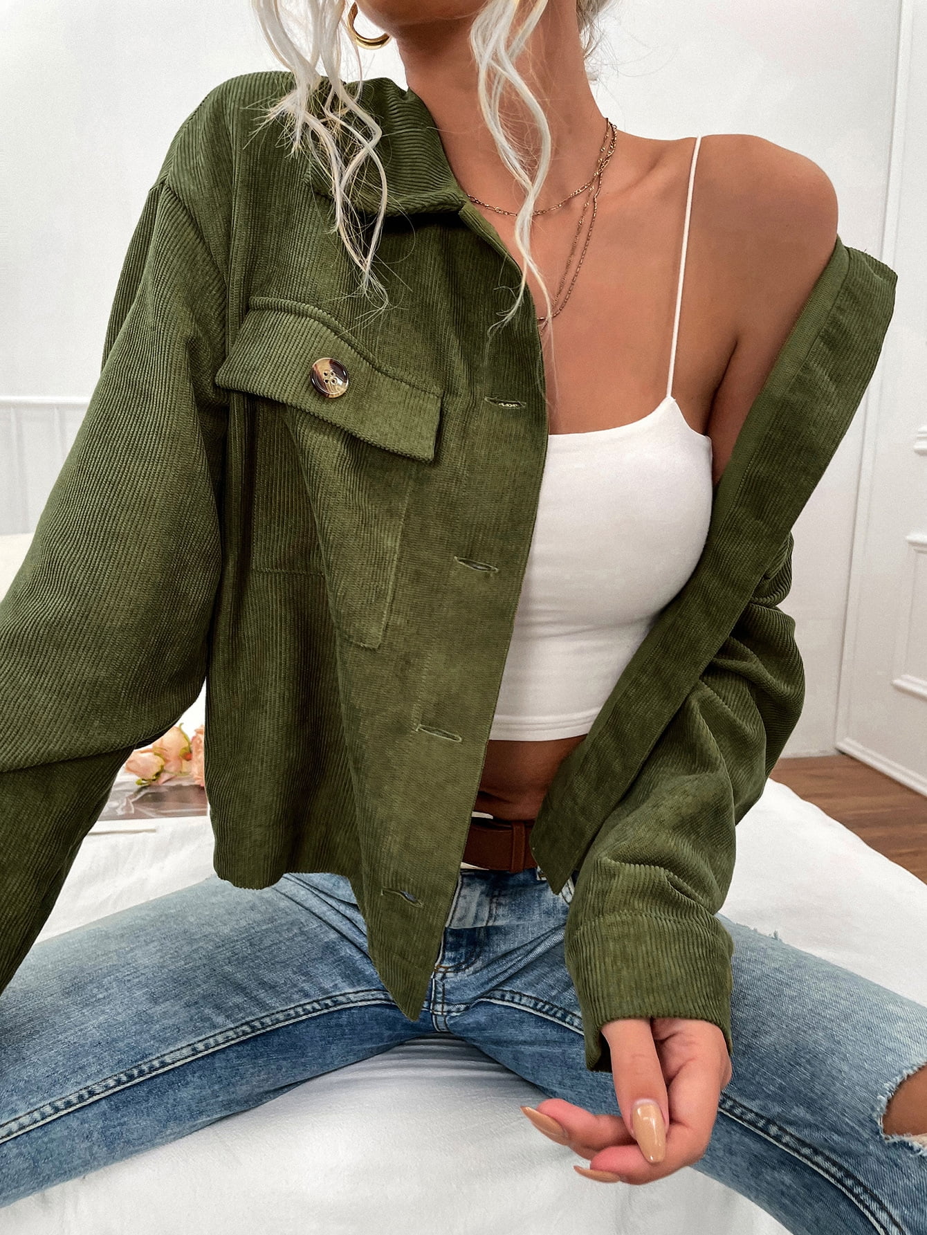 Women's Button Up Fake Pocket Crop 