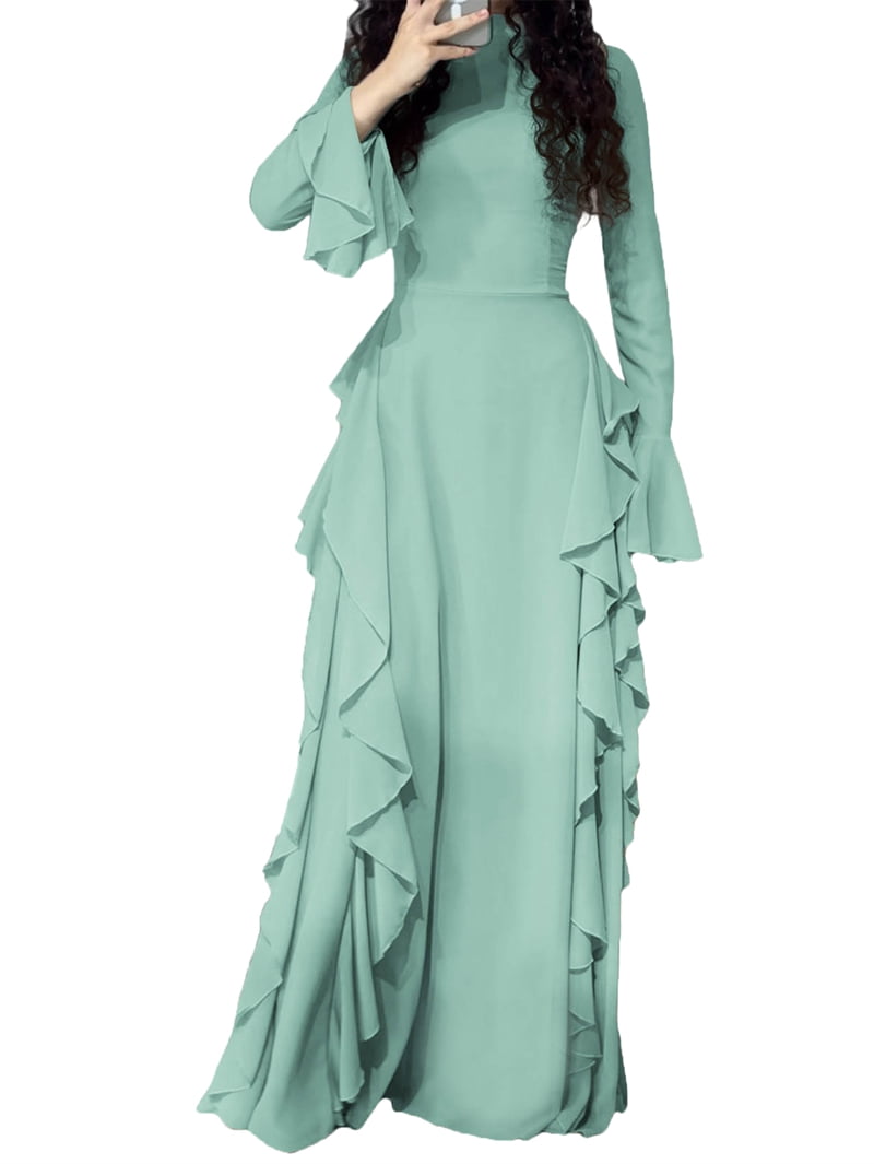 Women'S Bodycon Dresses Elegant Bell Sleeve Ruffle Hem Cocktail Party Long Dress Green M