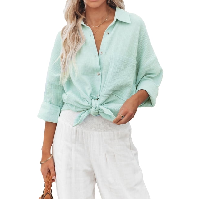 Whataatahia Camisas de Manga Larga con Botones para Mujer Moda Casual Suelta Cuello Abajo Color Puro Blusa de Manga Larga con Cuello en V para Mujer Verde Menta XL