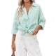 thumbnail image 1 of Camisas de manga larga con botones para mujer Moda Casual Suelta Cuello vuelto Color puro Blusa de manga larga con cuello en V para mujer Verde menta S, 1 of 7