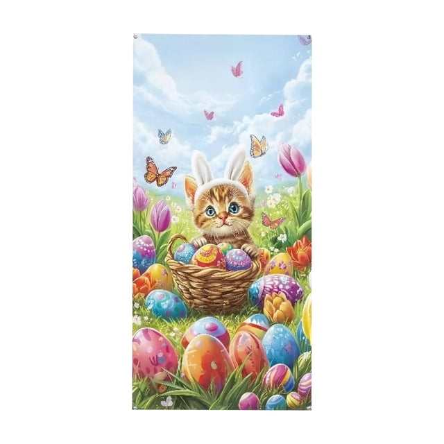 SLYNSHome Easter Door Cover Cute Bunny Rabbit Floral Spring Door Banner Easter Decoration